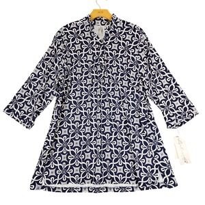 Lulu-B Navy White Geometric Floral UPF 50+ Cooling Tunic Top 1X NWT